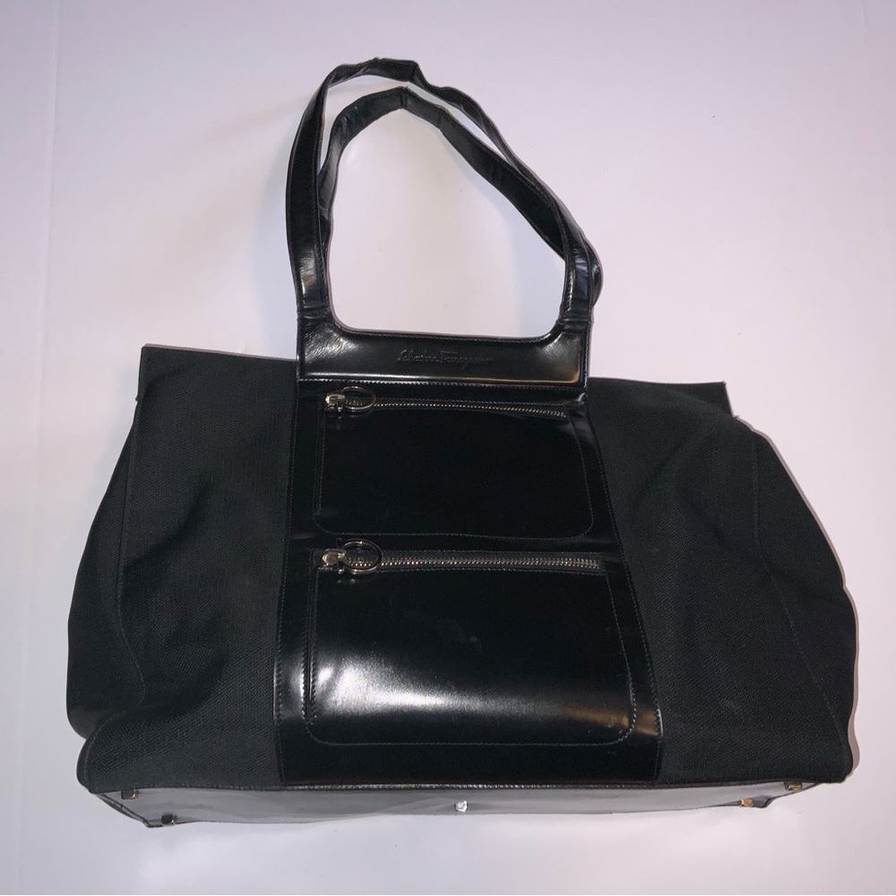 Vintage (Y2K) Salvatore Ferragamo Black Gancini Nylon and Leather Shoulder Bag